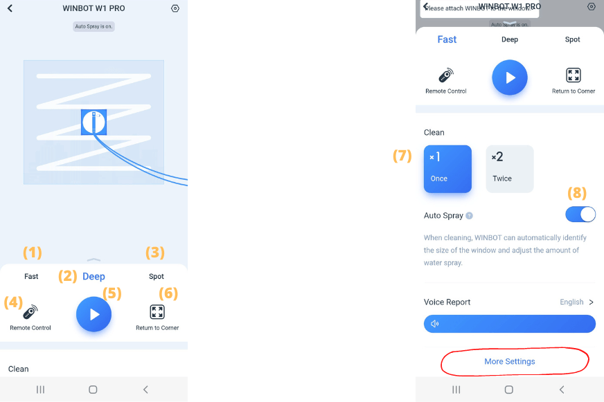 Die Einstellungsmöglichkeit der Ecovacs WINBOT W1 PRO App sind zu sehen 